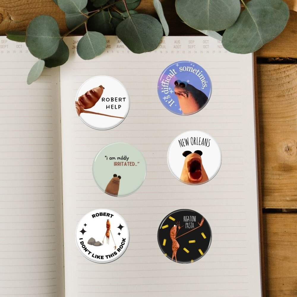Marcus the Worm Pin Set of 6 | 1.25 Inch Button Pins | Funny Meme Quotes | VR Ch